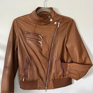 DKNY | Brown Moto Genuine Leather Bomber Jacket